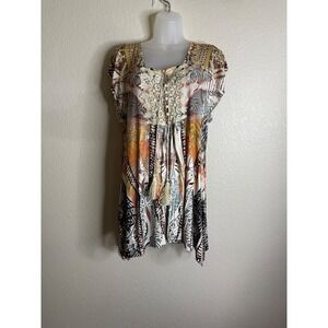 World Unity Womens L Tunic Top Multi Color Geometric Lace Bib Tassel Boho Aztec